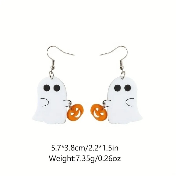 White Ghost with Jack-O-Lantern Dangle Earrings - Picture 4 of 4
